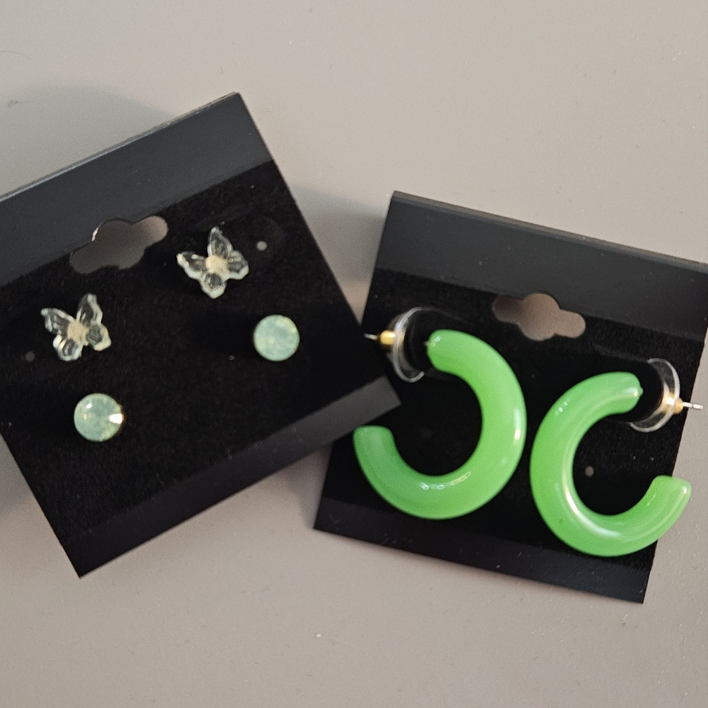 NEW Set (3) Green Earrings Neon Hoops, Butterfly and Gem Studs